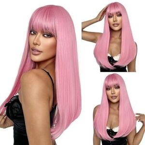 Long Straight‎ Pink Wig with Bangs Synthetic Heat Resistant Cosplay Hair Wig